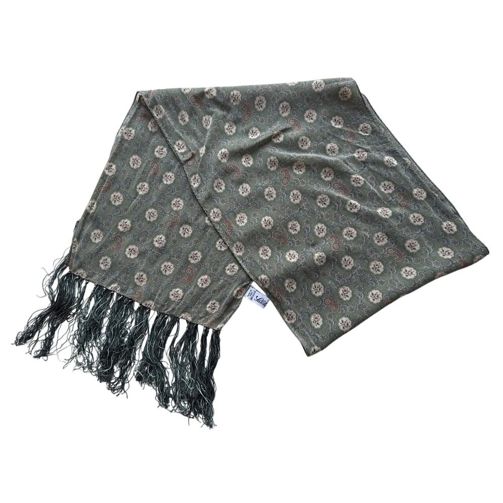 Saldarini Sage Green Medallion Paisley Print Silk Fringed Scarf